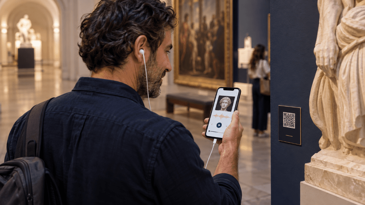 Visitante accediendo a una audioguía de museo mediante un código QR