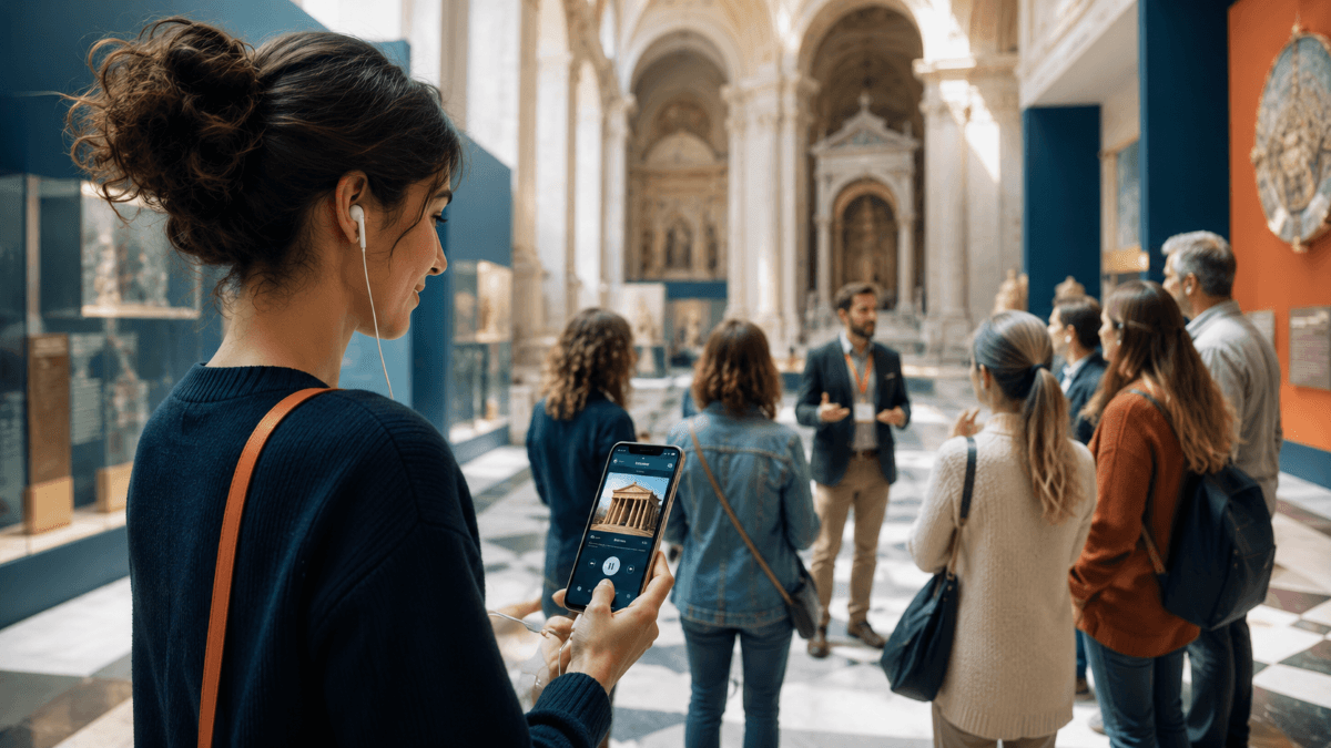 Visitante usando la audioguía Audiloo desde el móvil en un museo frente a una visita guiada