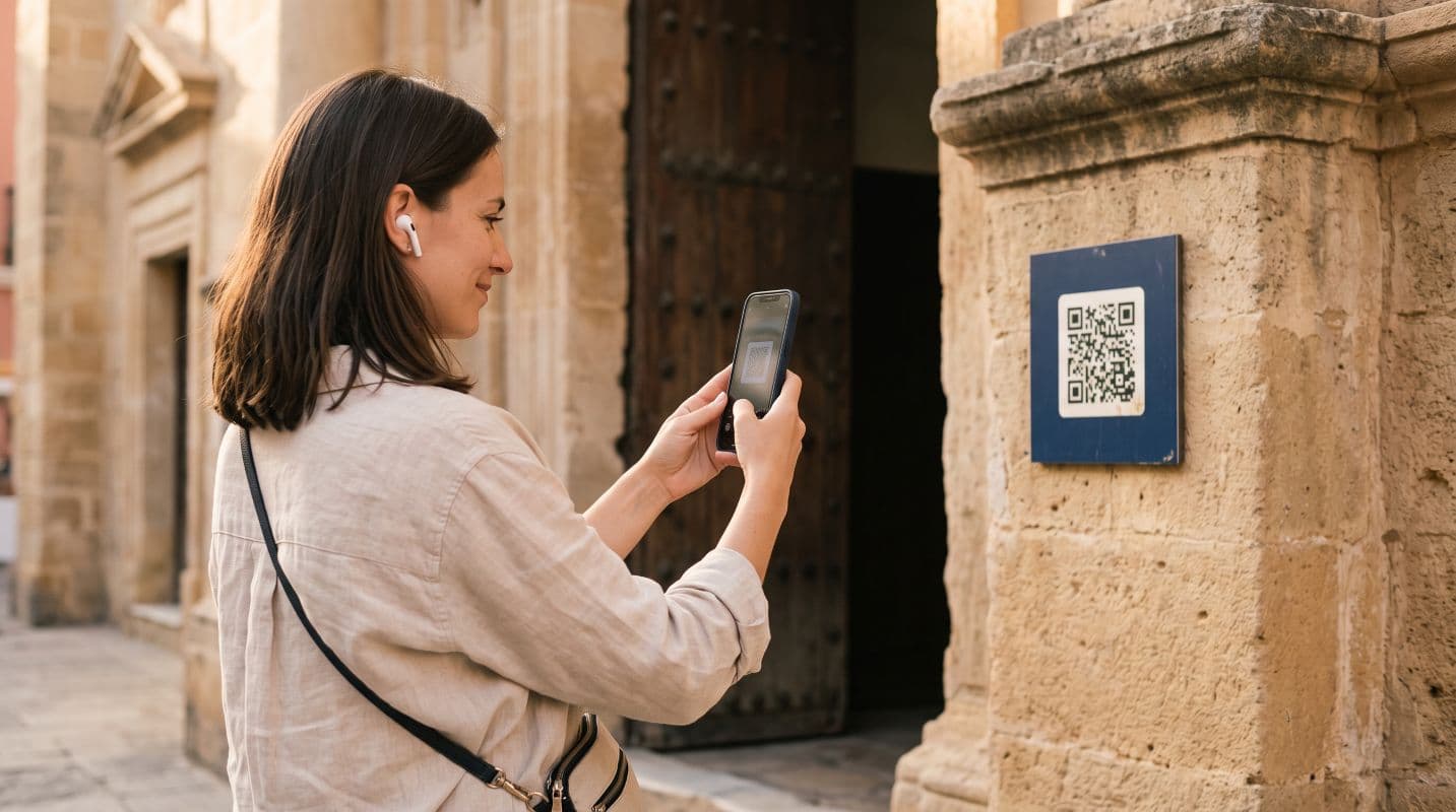 Visitante escaneando un código QR para abrir la audioguía en su móvil