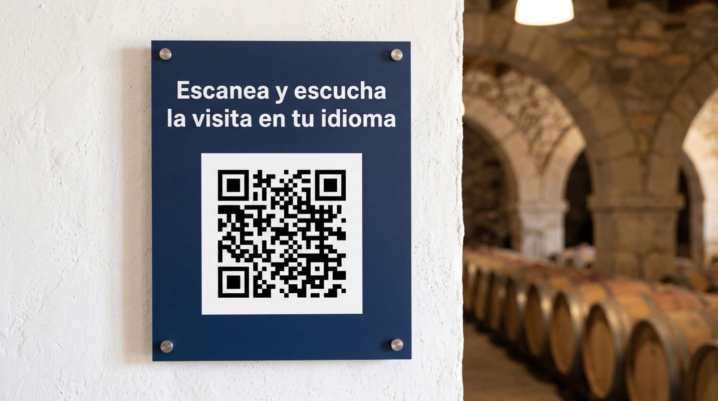 Cartel con código QR de audioguía en la entrada de un espacio cultural