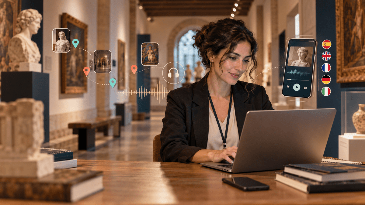 Profesional creando una audioguía para un museo desde un ordenador