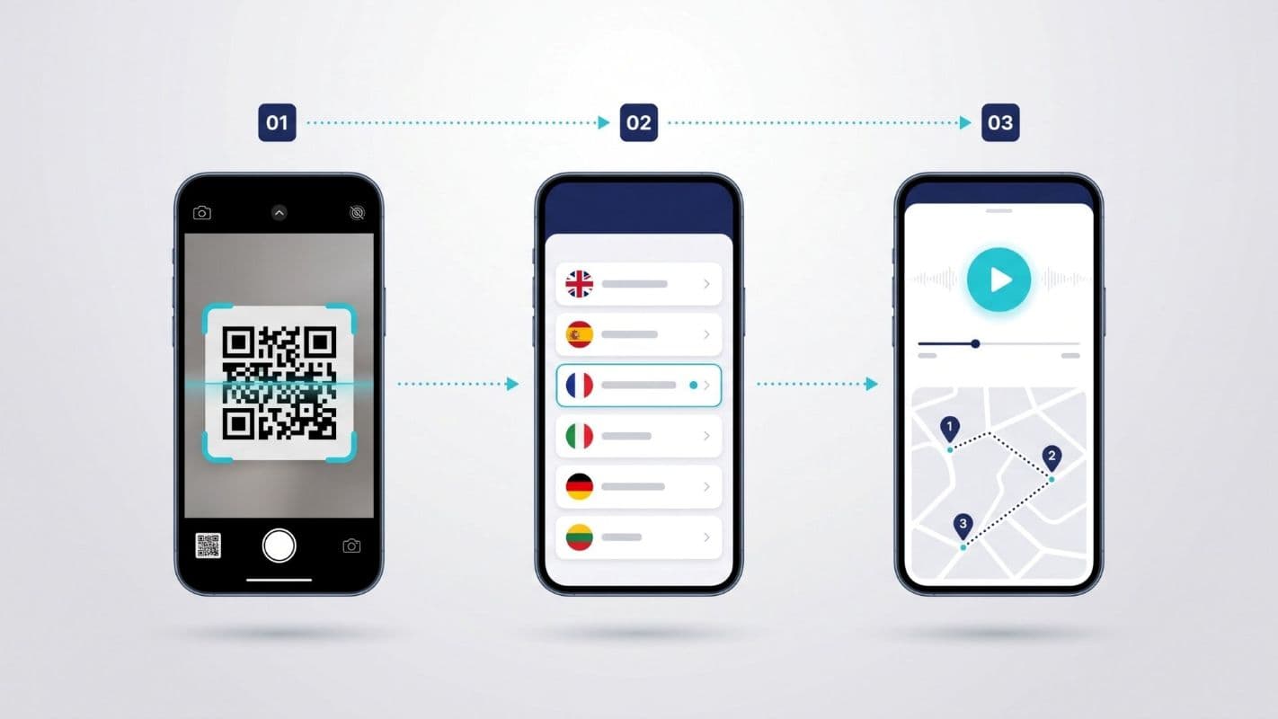 Pasos de una audioguía QR: escanear, elegir idioma y escuchar