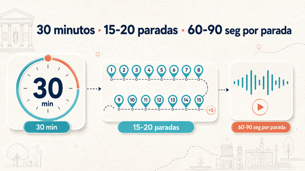 Infografía sobre cuánto debe durar una audioguía: 30 minutos de audio en 15-20 paradas de 60-90 segundos