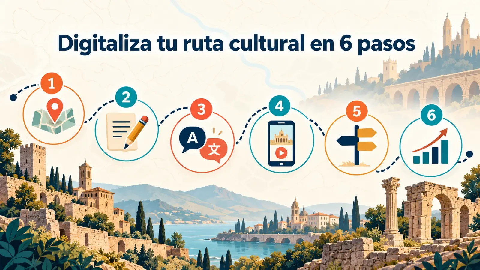 Infografía con los seis pasos de la digitalización de rutas culturales, del inventario de puntos a la medición