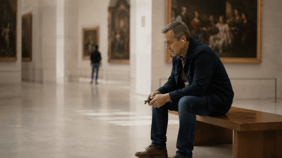 Visitante descansando en la sala de un museo, ejemplo de fatiga del visitante durante el recorrido