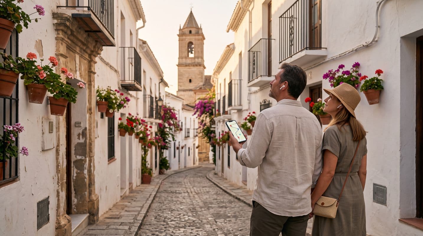 Pareja siguiendo en el móvil la ruta recomendada por su hotel por el casco histórico