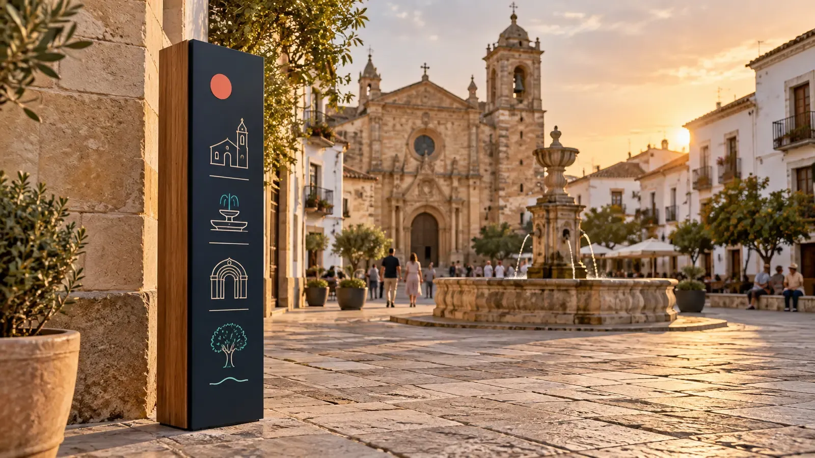 Señalización turística de una ruta cultural con placa indicativa en una parada del recorrido
