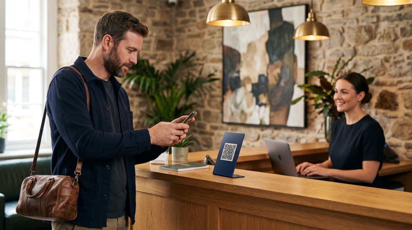 Huésped escaneando un código QR en la recepción de un hotel boutique, tendencia hotelera 2026