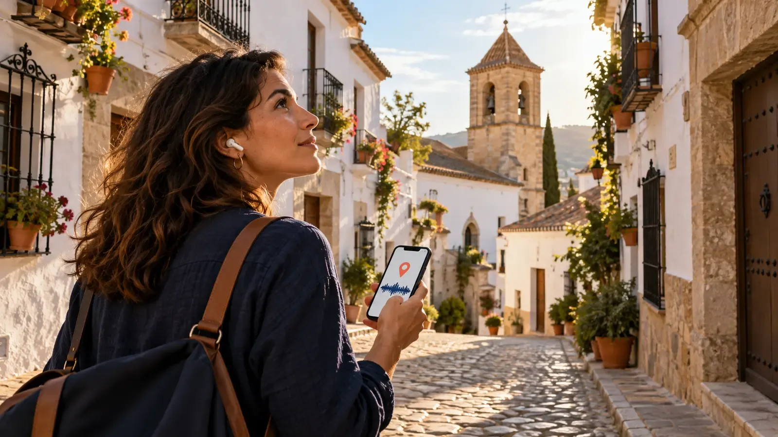 Visitante siguiendo una ruta cultural autoguiada desde su móvil en el casco histórico de un pueblo