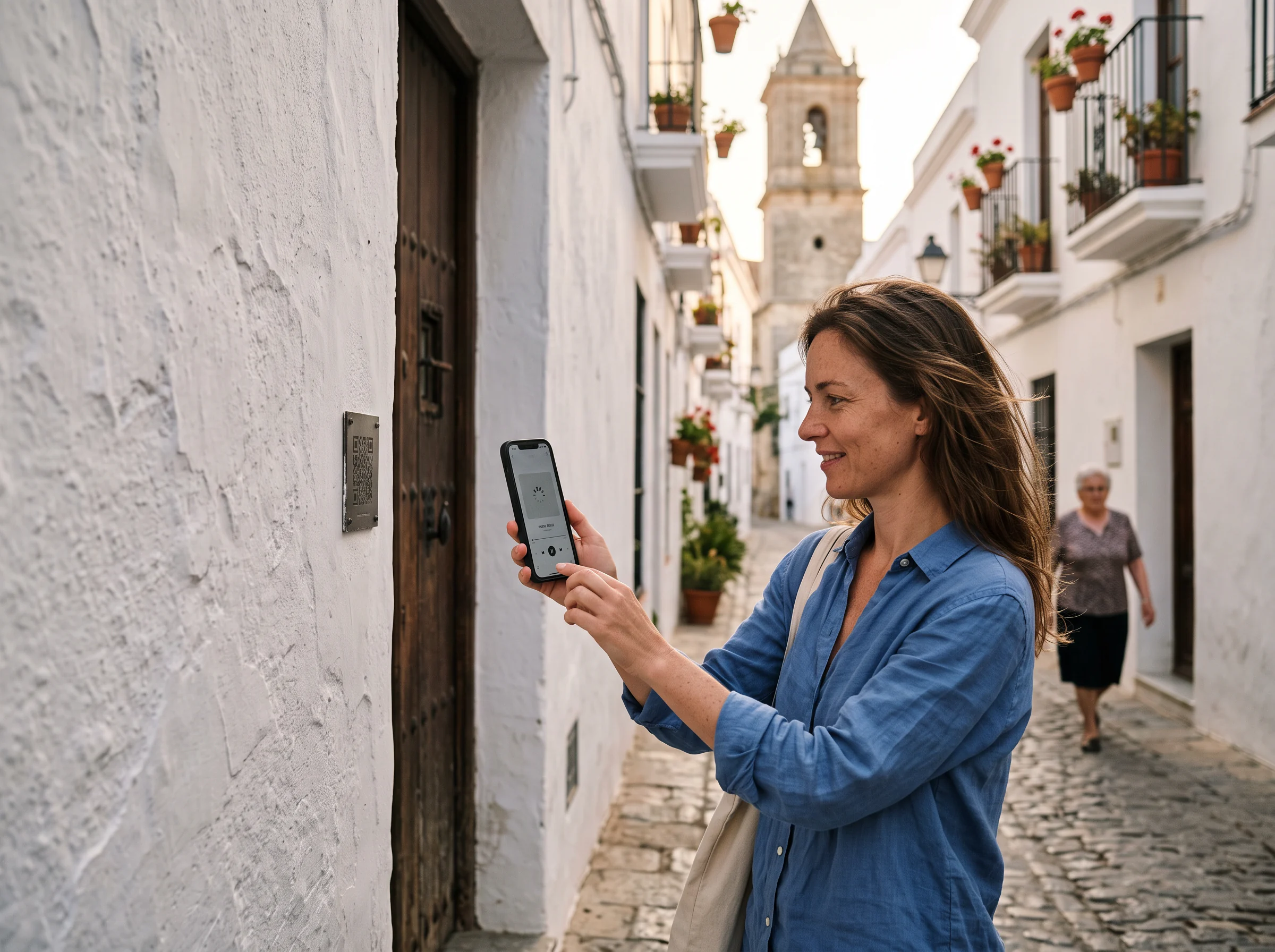 Mujer escaneando el código QR de una audioguía municipal en una placa de una calle empedrada del casco histórico