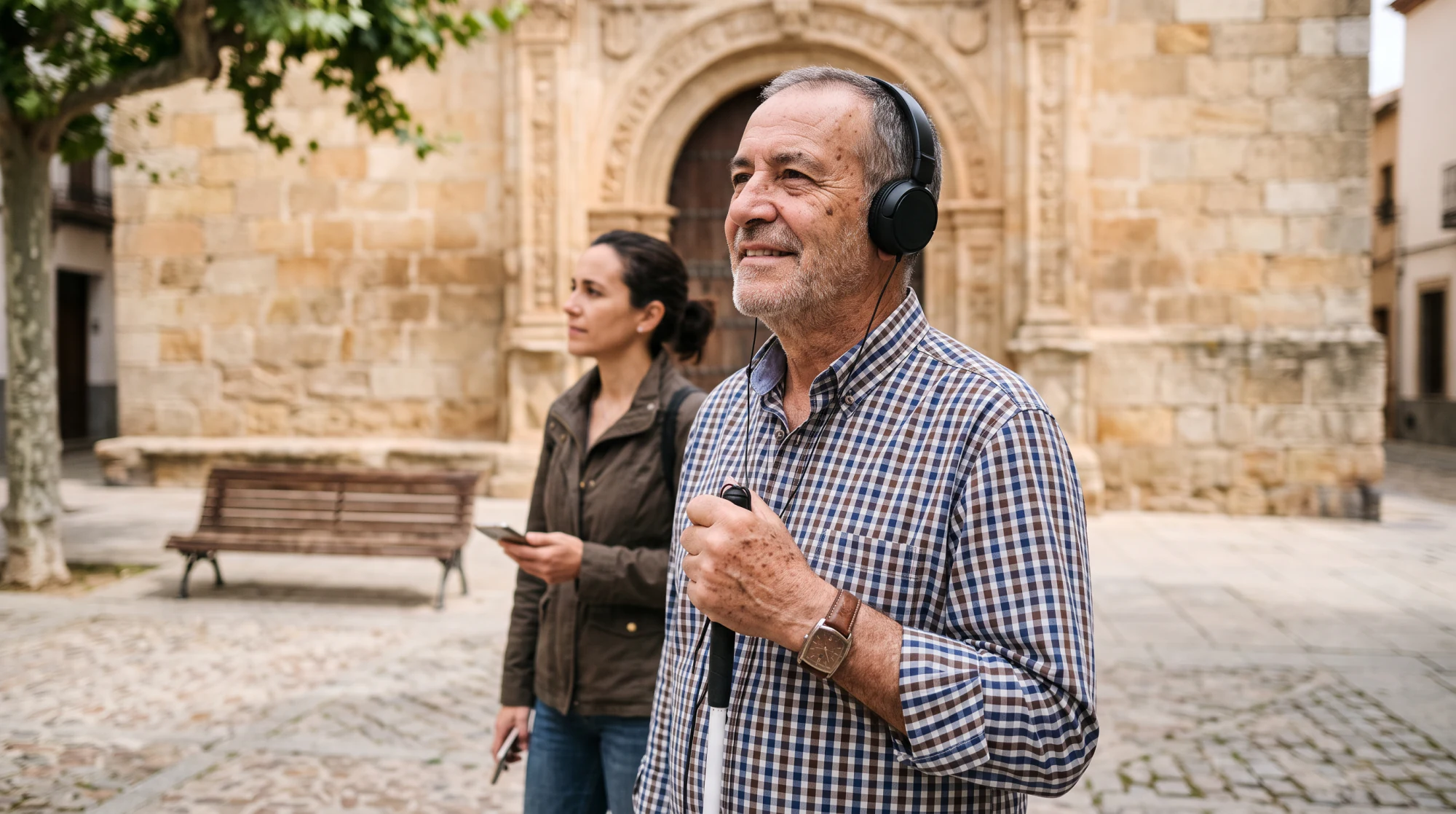 Hombre mayor con auriculares y bastón blanco escuchando la audioguía frente a una iglesia en una plaza