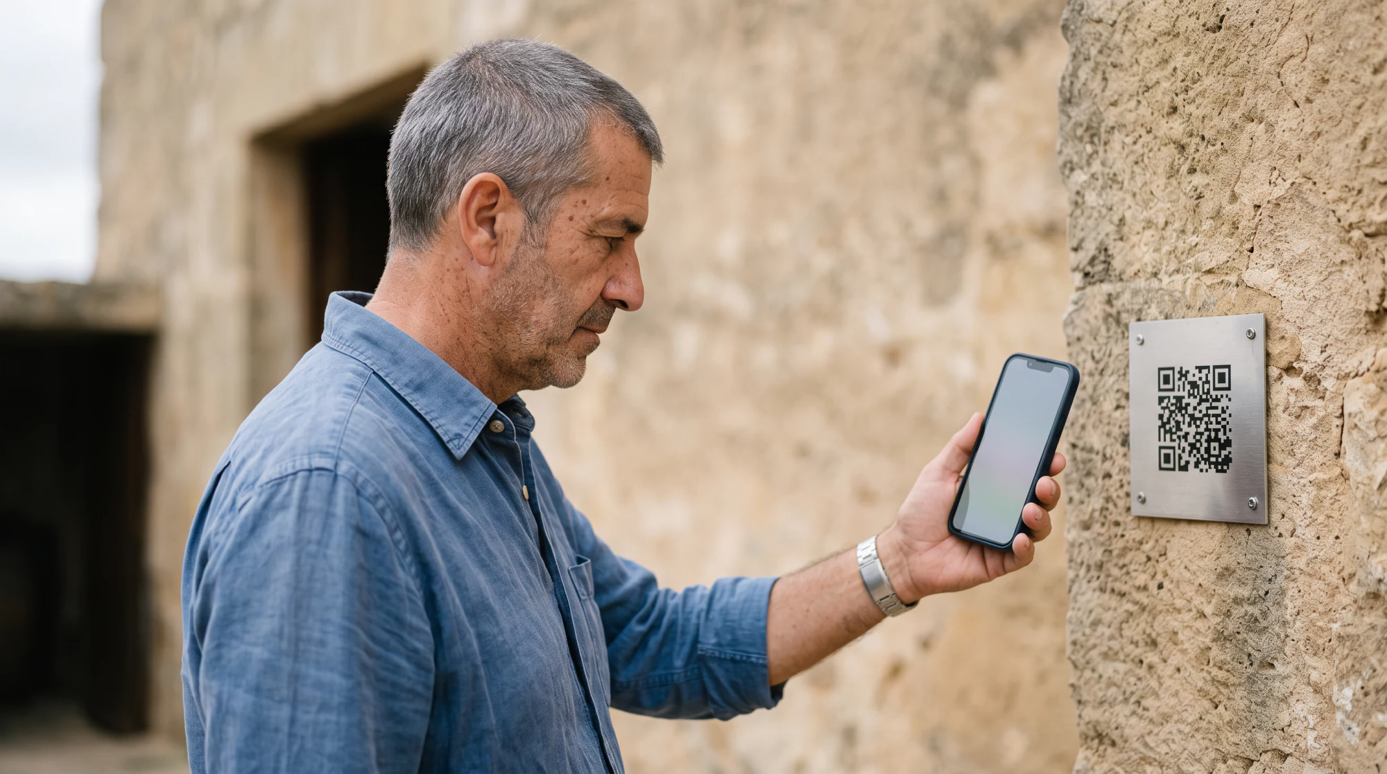 Visitante mayor escaneando un código QR sobre un muro de piedra para acceder a la audioguía