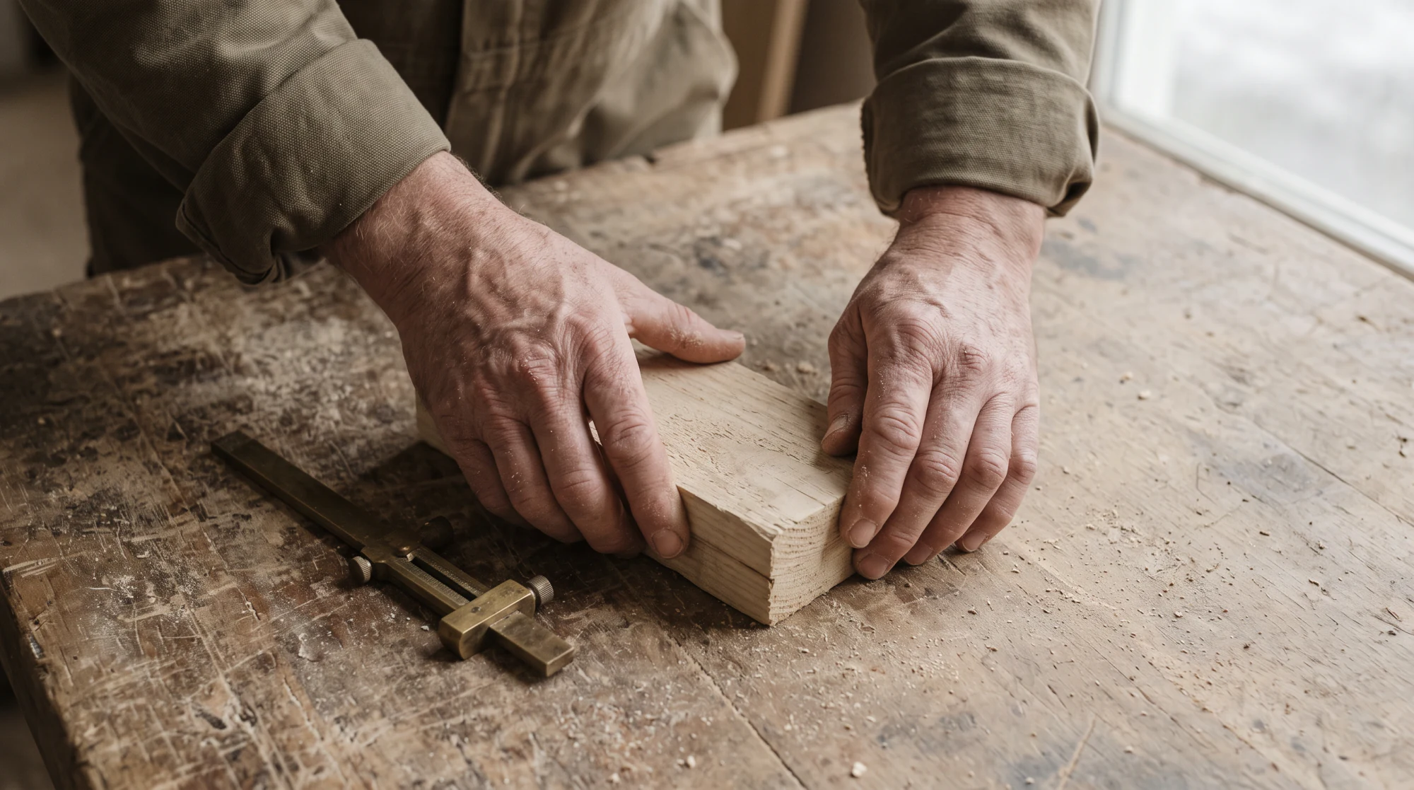 Manos de un artesano trabajando la madera en un taller, herramientas y virutas sobre el banco