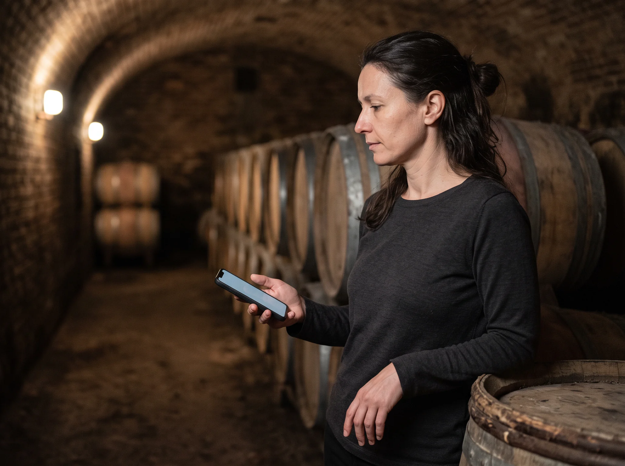 Mujer consultando el móvil mientras camina por un pasillo de bodega flanqueado de barricas de vino