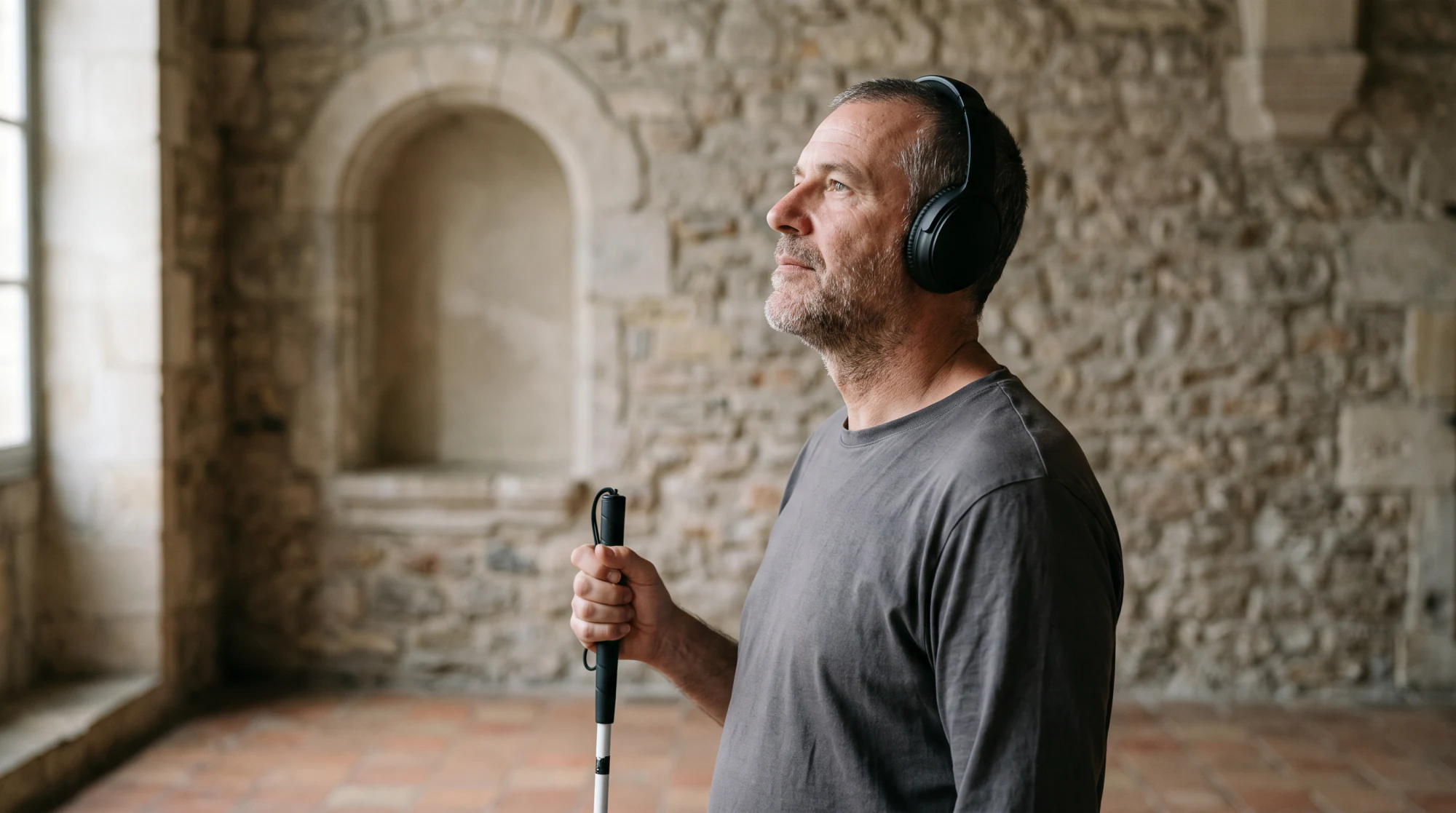 Visitante con auriculares y bastón blanco en una sala de piedra, escuchando la audioguía en su móvil