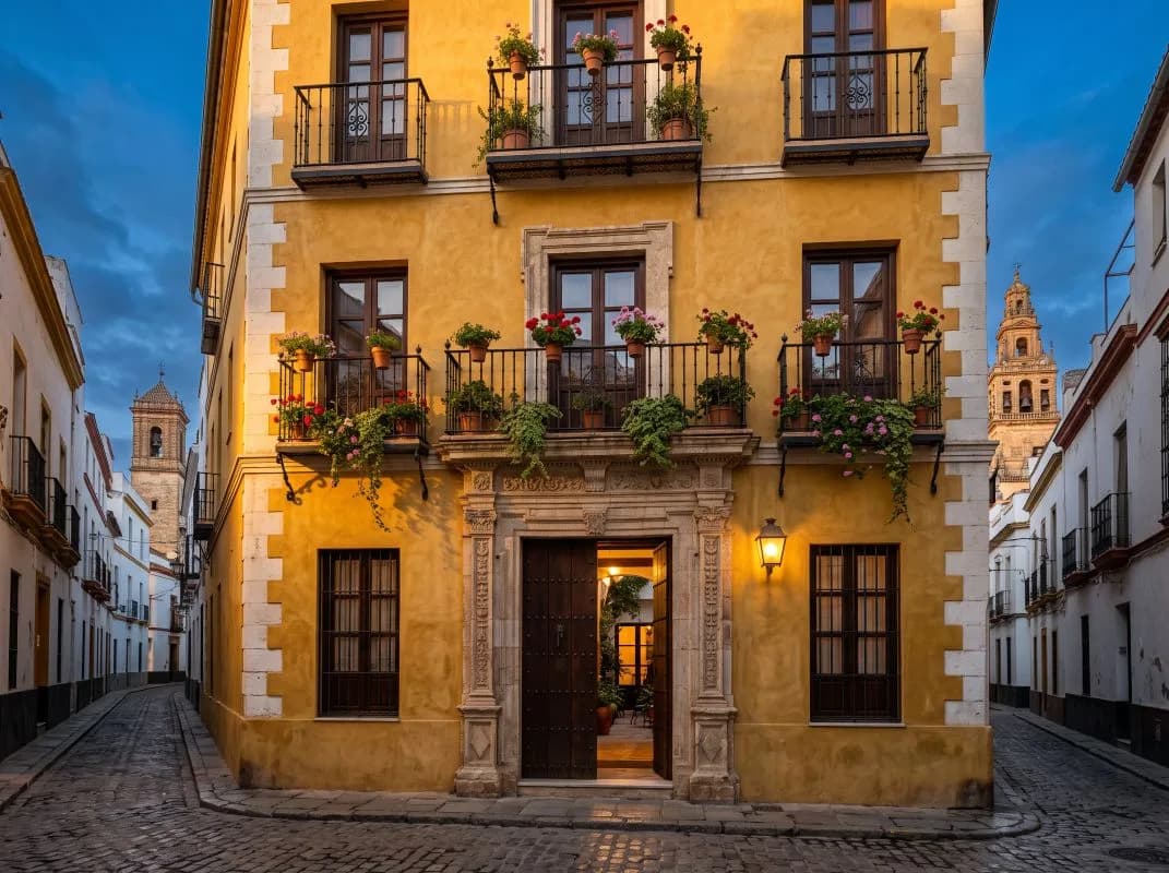 Fachada de un hotel con historia, con balcones de forja llenos de flores, en una calle empedrada de casco antiguo al atardecer