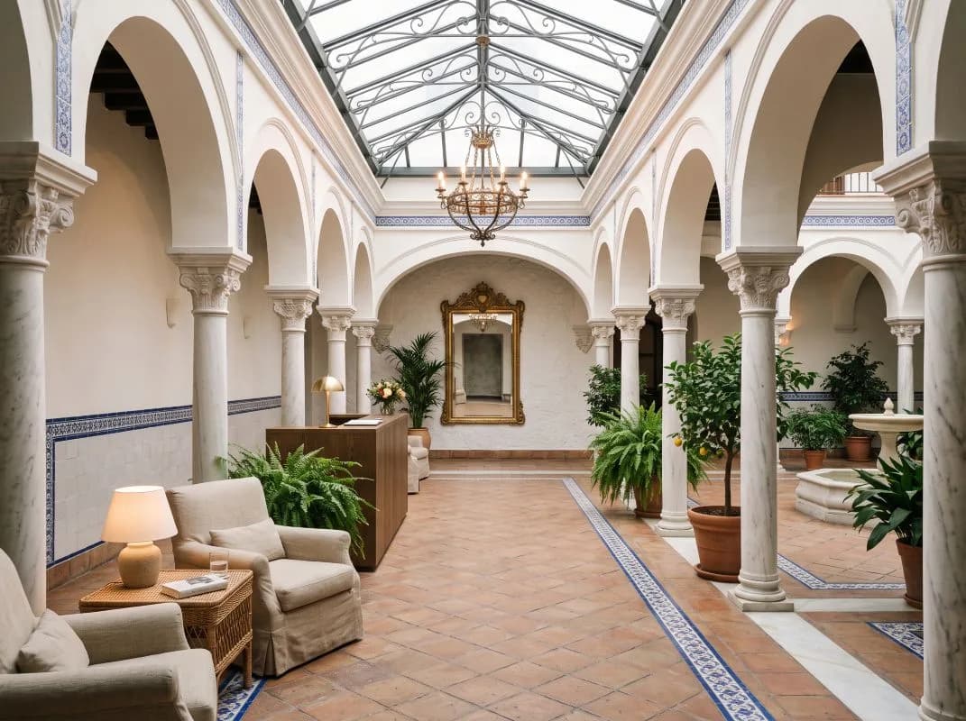 Patio interior de un hotel con arcos de piedra, claraboya, columnas de mármol y una zona de estar junto al mostrador de recepción