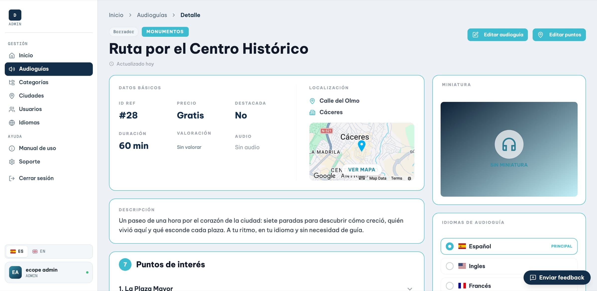 Panel de Audiloo: vista de una audioguía con su recorrido sobre el mapa, las paradas y los idiomas disponibles (ES/EN/FR).