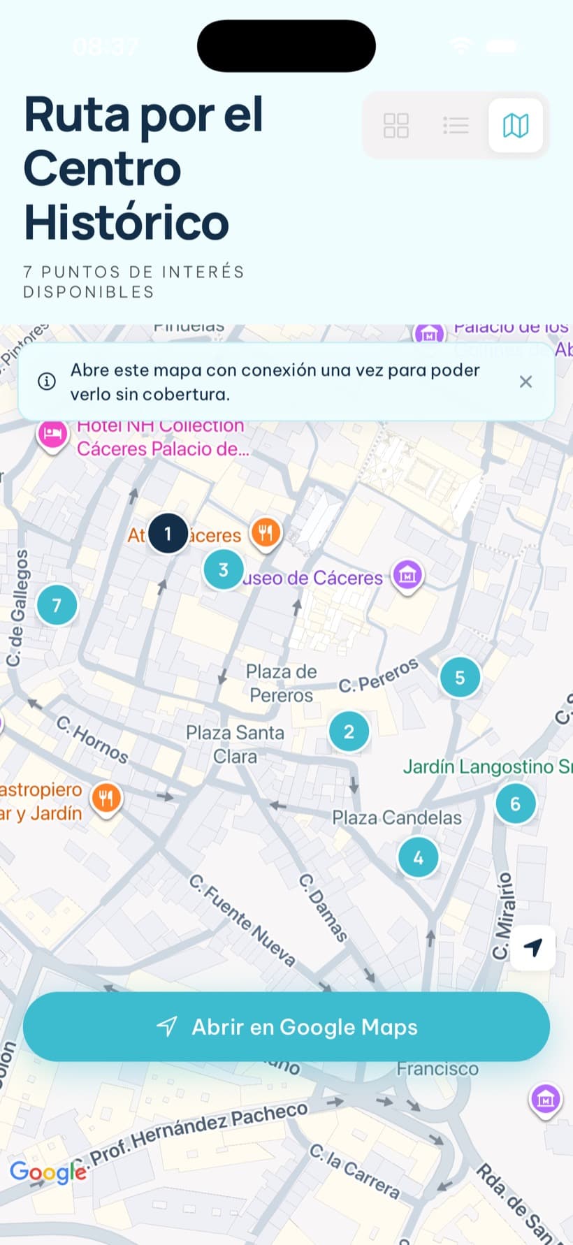 App de Audiloo en el móvil del visitante: el mapa de la ruta con los 7 puntos de interés sobre el plano de la ciudad.